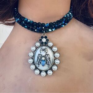 NWOT Blue Black and Silver Beaded Choker Necklace w/ Oversized Statment Pendant